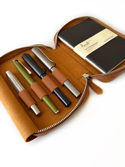 Eng Leather Co. Camel vegan leather 4-slot Apple pen case with sleek design and precise stitching for stylish organization.