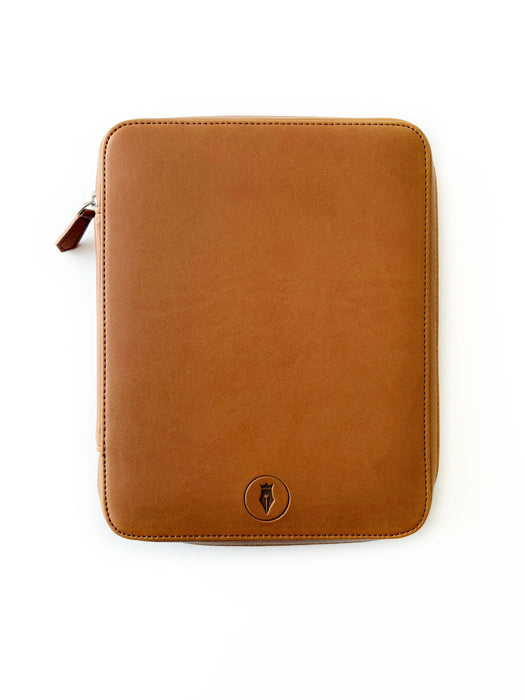 Eng Leather Co. camel vegan leather 4-slot pen case with Apple leather accents, designed for holding multiple pens.