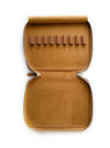 Camel vegan leather 4-slot Apple pen case by Eng Leather Co. shown with four pens inside, sleek and compact design.
