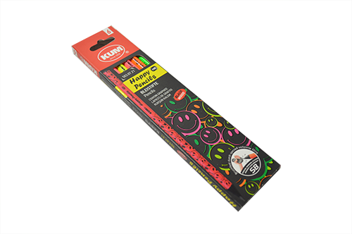 Set of colorful KUM Happy Pencils with smiling face designs, perfect for school or art projects.
