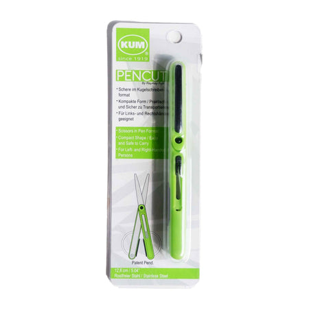 Green KUM pocket scissors with compact design, perfect for precise cutting and easy portability.
