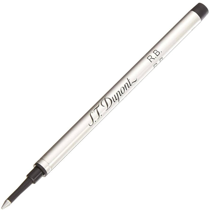 S.T. Dupont rollerball pen refill shown in a clear plastic package with silver accents and black ink cartridge.