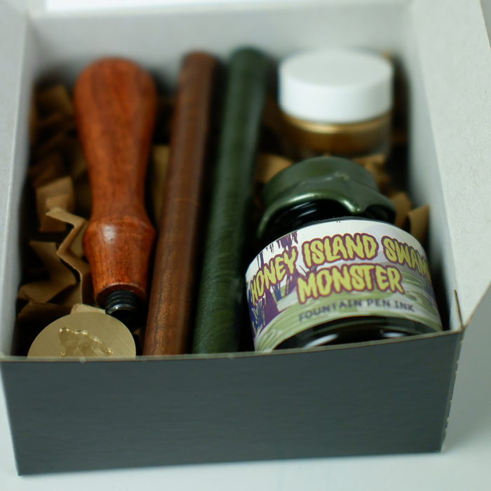 Papier Plume Honey Island Swamp Monster fountain pen ink set with limited edition colorful ink bottles and packaging.