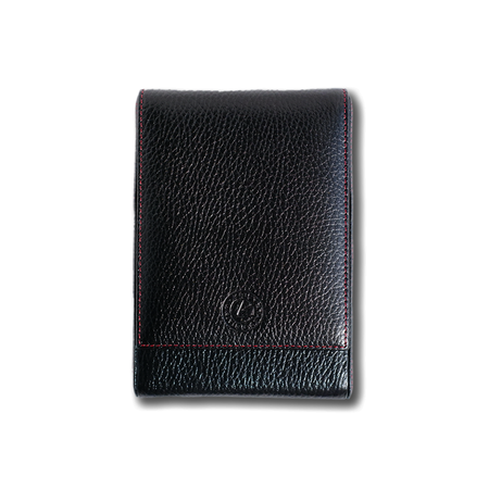 Black leather pen case from Eng Leather Co. designed to hold five pens, featuring a sleek, durable exterior with secure closure.