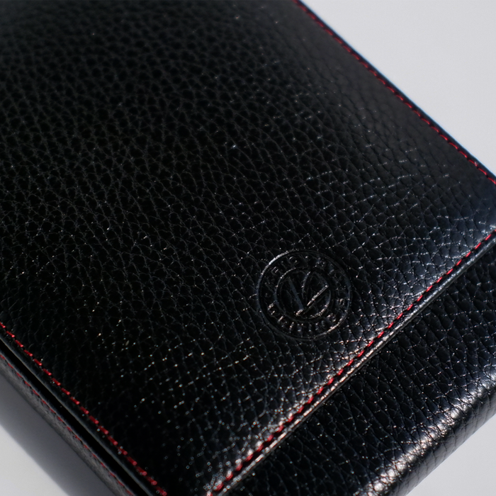 Black Eng Leather Co. 5 Pen Hard Case showing a sleek, durable leather pen case with five pen slots for organized storage.