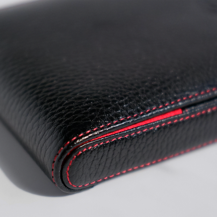 Black leather pen case by Eng Leather Co. with five compartments, sleek design, and durable construction for organizing pens.