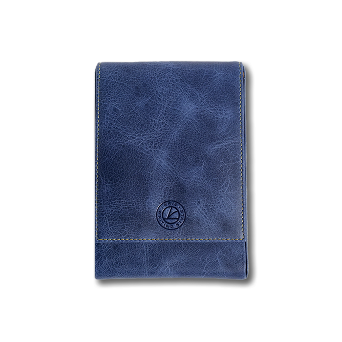 Blue Eng Leather Co. 5 Pen Hard Case with sturdy exterior and multiple compartments for organizing pens and writing instruments.