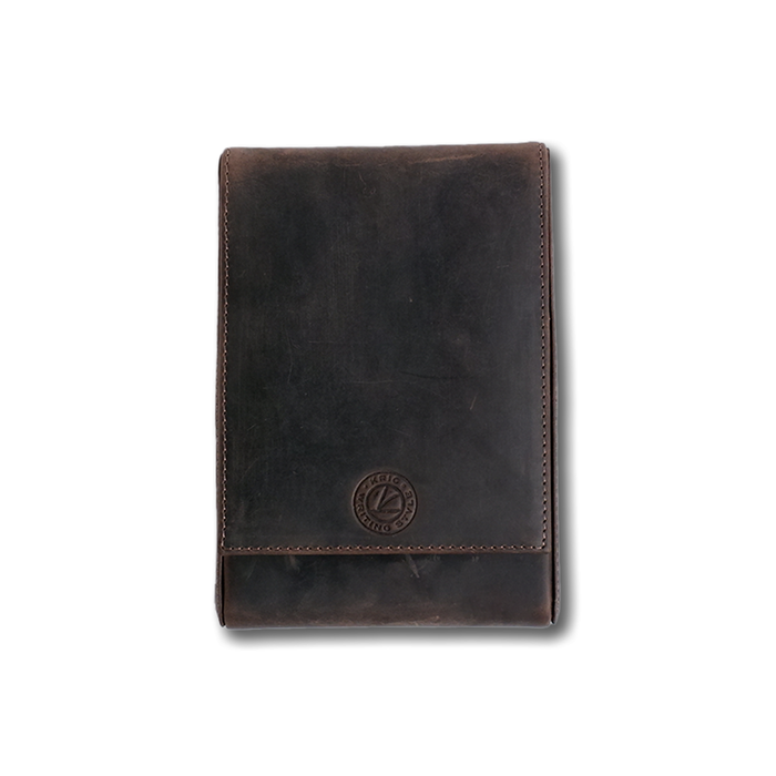 Dark brown Eng Leather Co. 5 pen hard case with a sleek leather exterior and secure snap closure, designed for stylish pen storage.