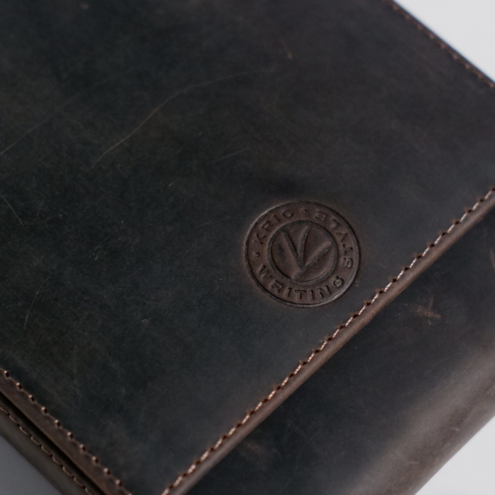 Eng Leather Co. dark brown leather pen case with five compartments, designed for organizing and protecting pens.