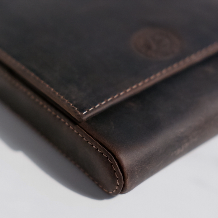 Dark brown Eng Leather Co. 5 pen hard case with sturdy design and smooth leather exterior, ideal for storing and protecting pens.