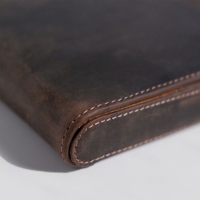 Eng Leather Co. dark brown 5-pen hard case with sturdy exterior and secure closure for stylish pen storage.
