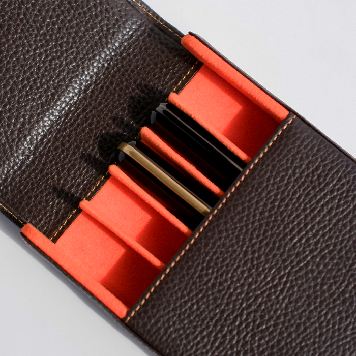 Eng Leather Co. brown 5 pen hard case with sturdy exterior and secure snap closure, designed for stylish pen storage.