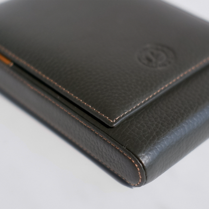 Green Eng Leather Co. 5 Pen Hard Case showing a sturdy, compact leather pen case with five slots for pens or writing instruments.