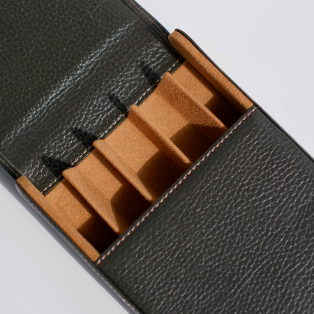 Green leather pen case by Eng Leather Co. holding five pens, with a sleek, compact design and sturdy zipper closure.