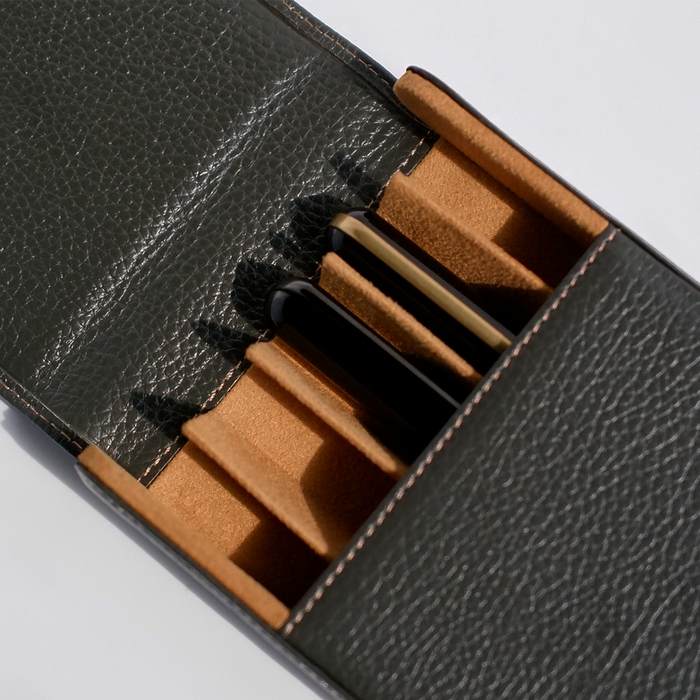 Green Eng Leather Co. 5 Pen Hard Case showcasing a sturdy, stylish leather pen case with five compartments for pens.
