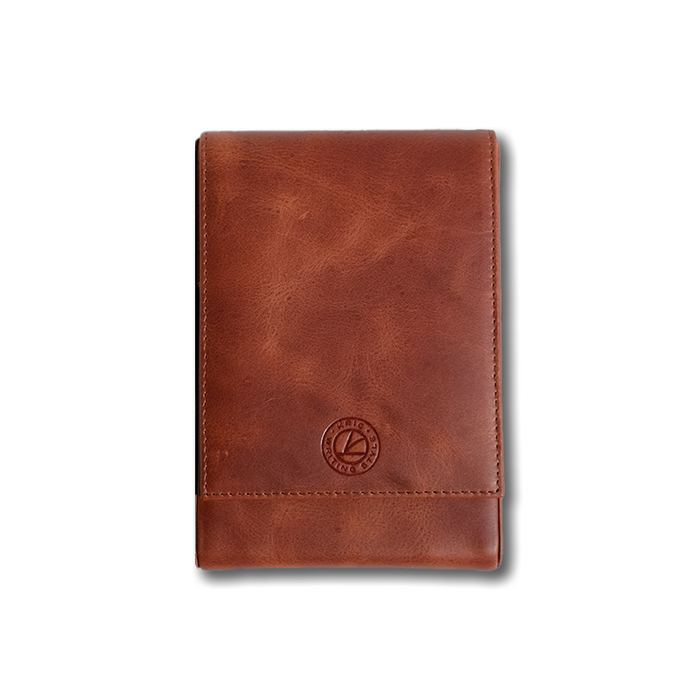 Light brown Eng Leather Co. 5 Pen Hard Case with durable exterior and secure snap closure for organizing pens.