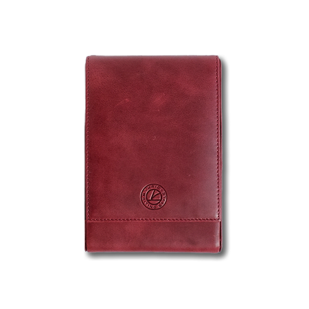 Red leather pen case by Eng Leather Co. with five compartments, designed to securely hold and organize pens.