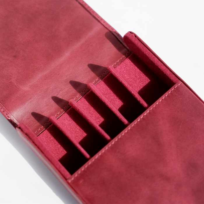 Red Eng Leather Co. 5 Pen Hard Case with secure zipper closure, designed for stylish pen storage and protection.