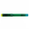 Opus 88 Green Demo fountain pen with transparent green ink reservoir and stainless steel nib on a white background.