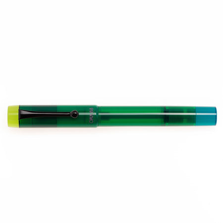 Opus 88 Green Demo fountain pen with transparent green ink reservoir and stainless steel nib on a white background.