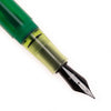 Opus 88 Green Demo fountain pen with transparent green barrel and silver accents, showcasing the pen's design and nib.
