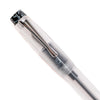 Opus 88 KOLORO black fountain pen with transparent body and gold accents, showcasing its nib and elegant design.
