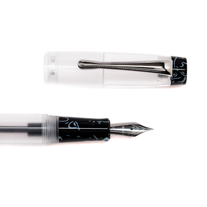 Opus 88 KOLORO black fountain pen with gold accents, shown on a white background, highlighting its sleek design and nib.
