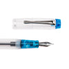 Opus 88 KOLORO light blue fountain pen with transparent resin barrel and gold accents, showcasing its elegant design.