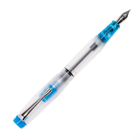 Opus 88 KOLORO light blue fountain pen with transparent grip section and silver accents, stylish writing instrument.