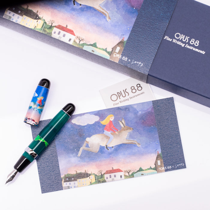 Opus 88 MINI Flying Rabbit fountain pen with black body and gold accents, detailed nib and cap.