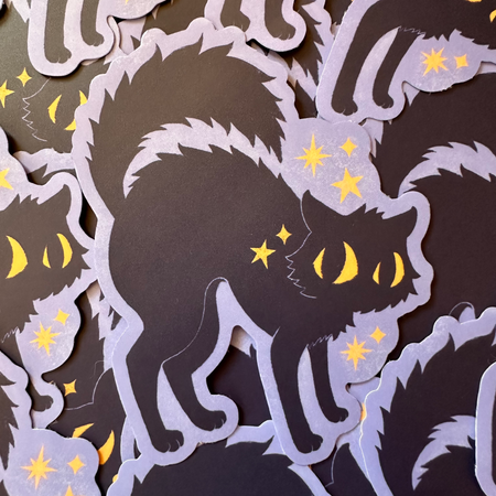 Black kitty sticker featuring a scared cat design from BBall Y'all, perfect for decorating notebooks or laptops.