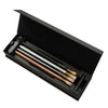 Blackwing Pencil Essentials Set featuring assorted black pencils with silver accents and a sleek storage case.