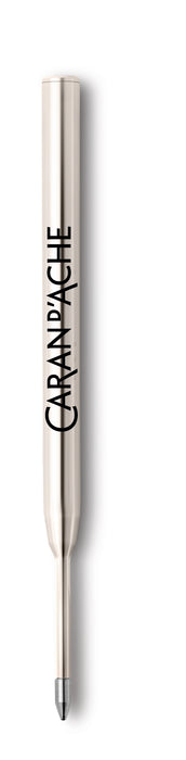 Black Caran D'Ache Goliath ballpoint pen refill for smooth writing, shown in a close-up image.