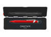 Caran D'Ache 849™ rollerball pen with a slim red barrel and metal accents, showcasing its sleek design and brand logo.