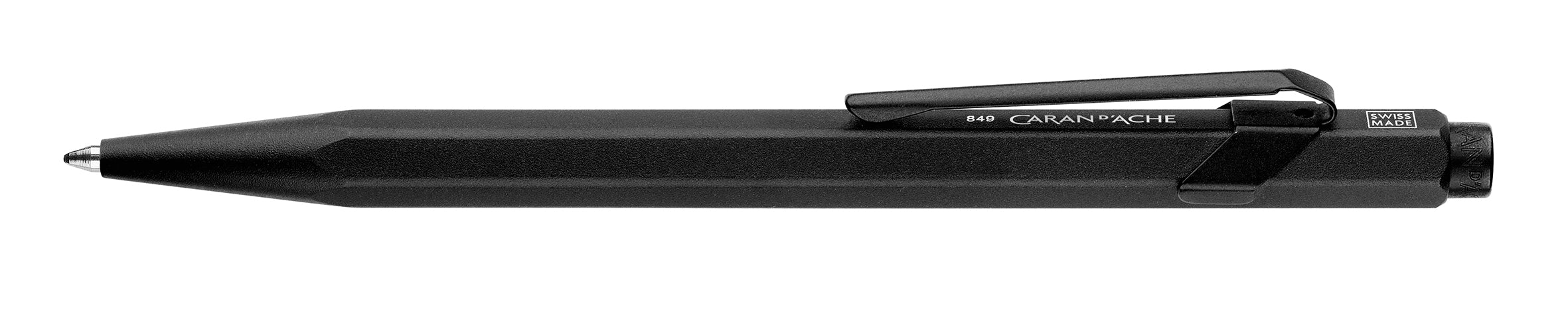 Caran D'Ache XL 849 black ballpoint pen with sleek design and silver accents, shown on a white background.