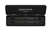 Caran D'Ache Set 849 Black Code ballpoint pen and mechanical pencil in a sleek black box, featuring a ballpoint and 0.7mm mechanical pencil.