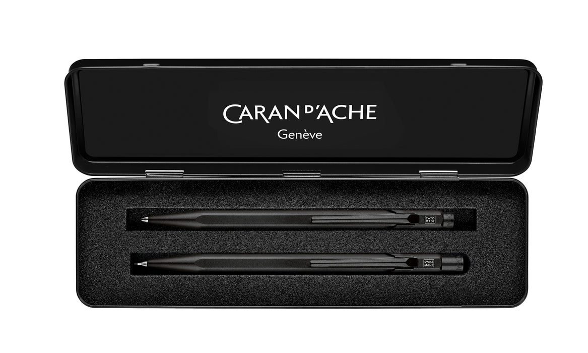 Caran D'Ache Set 849 Black Code ballpoint pen and mechanical pencil in a sleek black box, featuring a ballpoint and 0.7mm mechanical pencil.