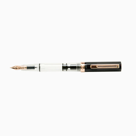 Twsbi Eco Smoke Rose Gold fountain pen with a sleek design and rose gold finish, displayed on a neutral background.