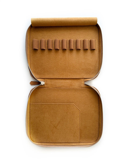 Eng Leather Co. 9-slot Apple leather pen case in camel vegan leather, featuring a sleek, compact design for storing pens.