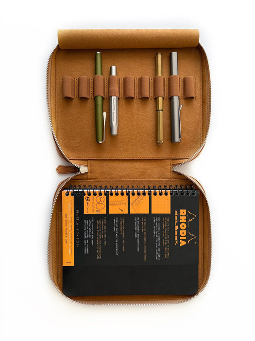Eng Leather Co. vegan leather 9-slot Apple pen case in camel color, with sleek design and multiple pen slots visible.
