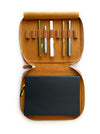 Eng Leather Co. 9-slot Apple leather pen case in camel vegan leather, with nine pens inserted, on a neutral background.