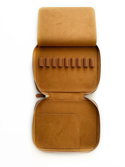 Eng Leather Co. vegan leather 9-slot pen case in camel color, designed to hold Apple pens and styluses.