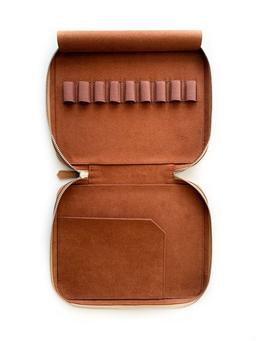 Eng Leather Co. vegan camel leather 9-slot Apple pen case showing a sleek, slim design with nine pen slots and smooth leather finish.