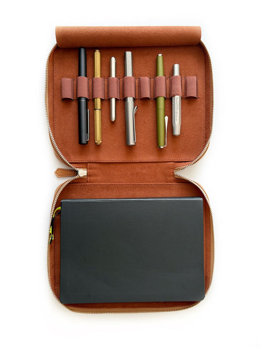 Eng Leather Co. vegan leather 9-slot Apple pen case in camel color, showing its sleek design and pen slots for organization.