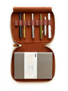 Eng Leather Co. 9-slot vegan leather pen case in camel color with nine pens inside, designed for Apple pens and accessories.