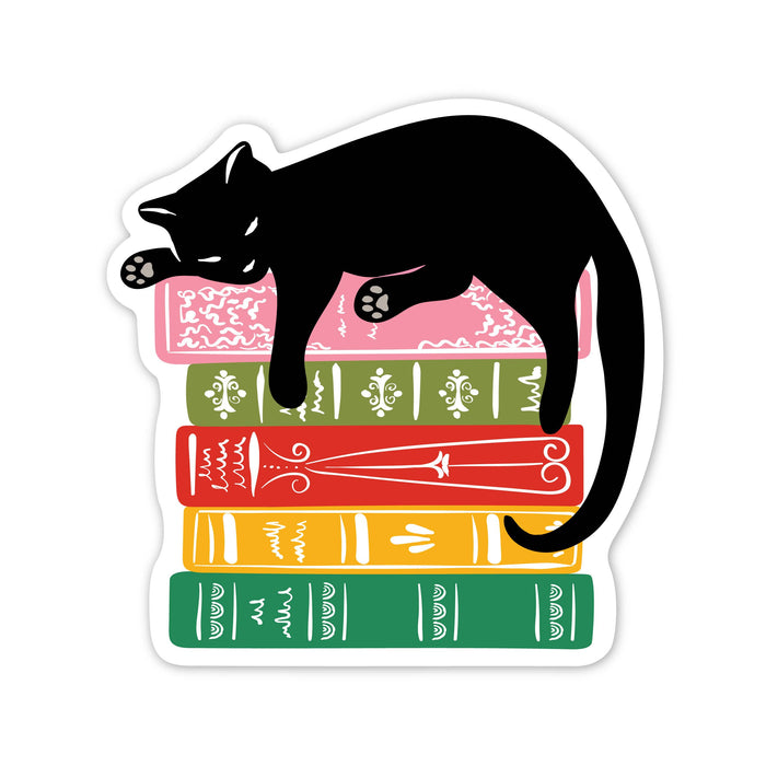 Black cat and books vinyl sticker by Lucy Loves Paper, perfect for book lovers and stationery enthusiasts.