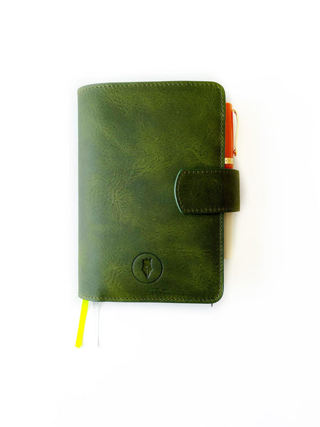 Eng Leather Co. A6 leather journal cover in jungle green, featuring a textured leather design and secure closure.