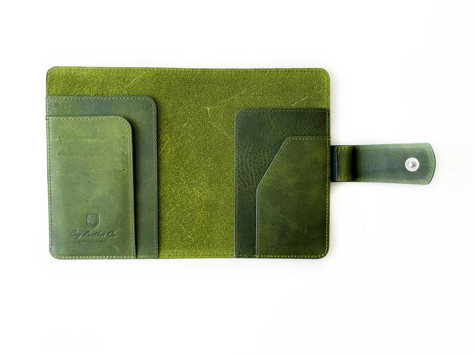 Eng Leather Co. A6 leather notebook cover in jungle green, featuring a smooth, durable design for protecting your journal.