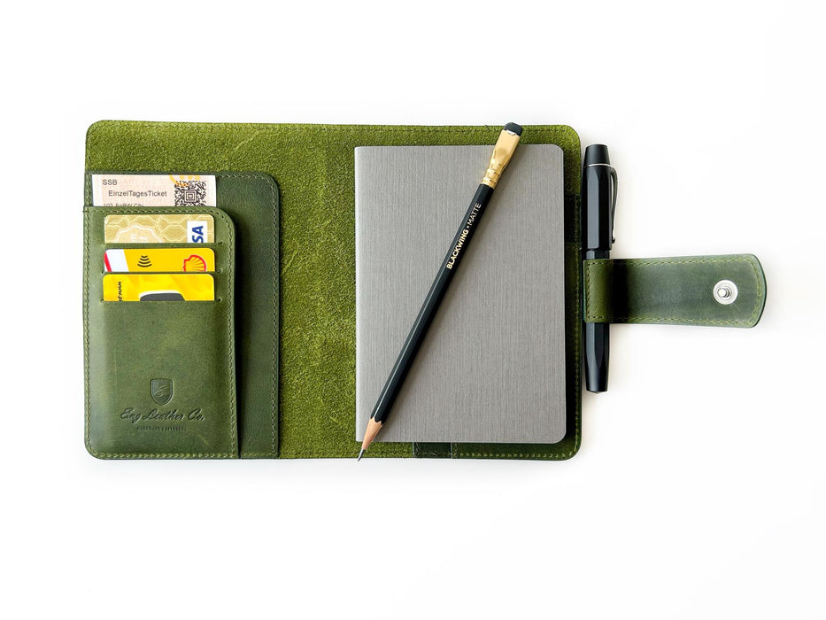 Eng Leather Co. A6 leather journal cover in vibrant jungle green, showcasing a sleek and durable design for notebooks.