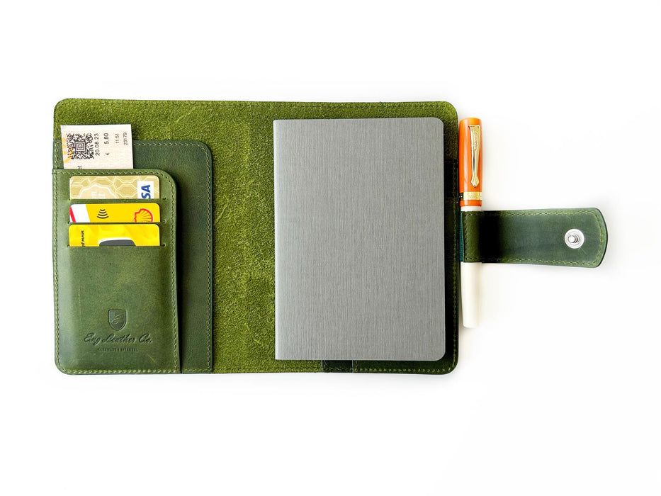 Eng Leather Co. A6 leather journal cover in jungle green, showcasing a sleek and durable design for notebooks.